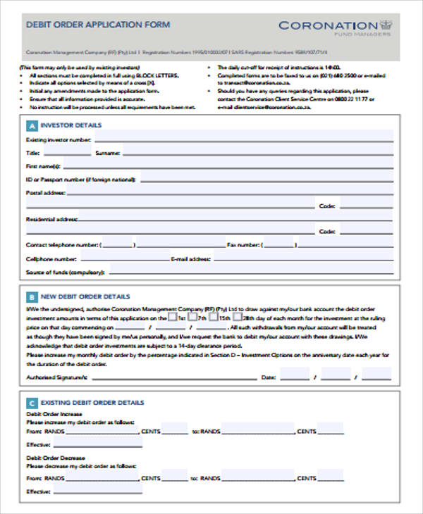 debit order application form