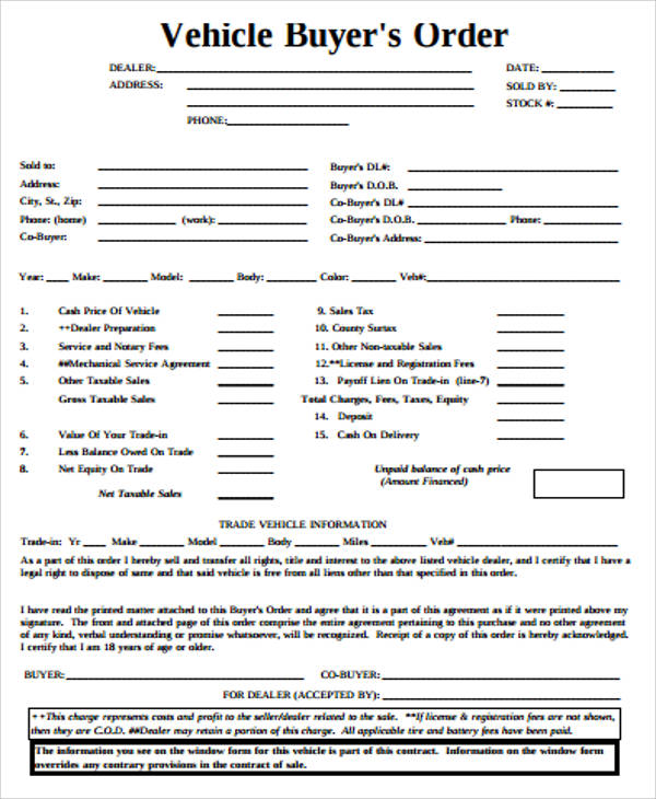 vehicle buyer order form pdf