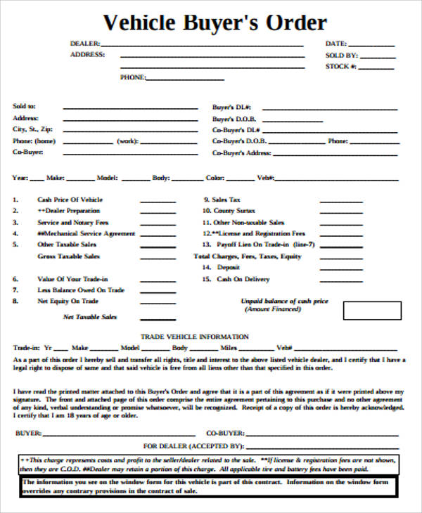 FREE 10 Sample Vehicle Order Forms In MS Word PDF