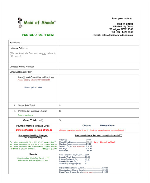 FREE 9+ Sample Postal Order Forms in MS Word | PDF