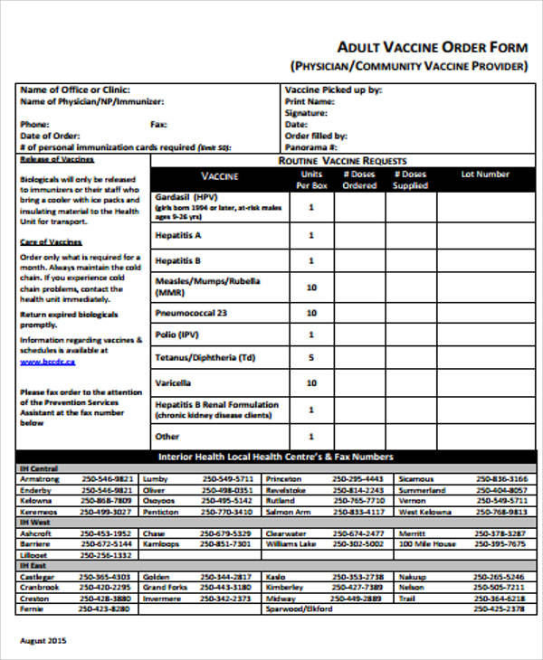 adult vaccine order form