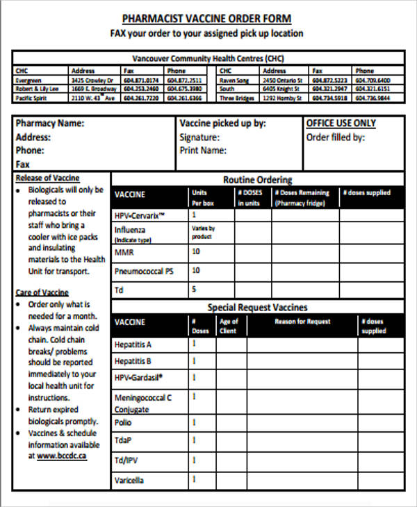 pharmacists vaccine order form