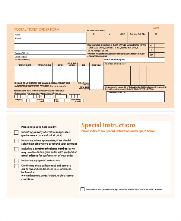 postal ticket order form example