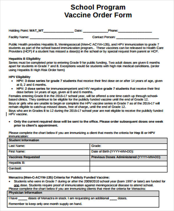 school program vaccine order form