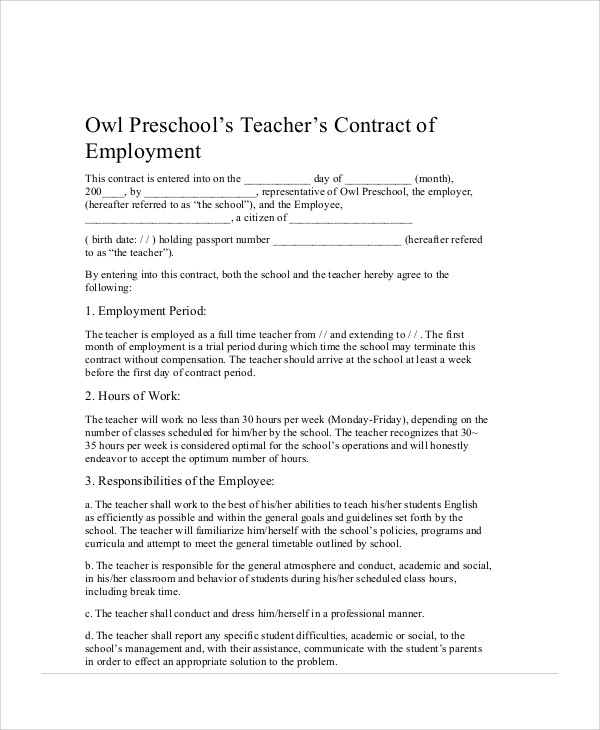 preschool teacher agreement contract