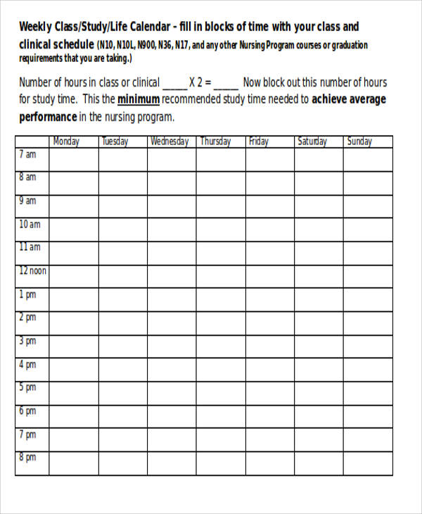 weekly schedule sample in word