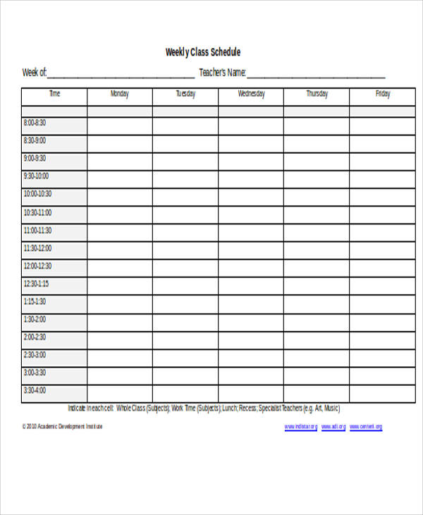 class schedule sample in word
