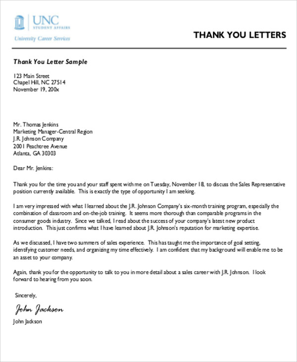 sample thank you letter for business reference