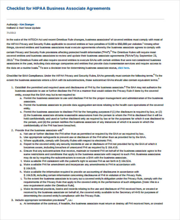 Business Associate Agreement Hipaa Template