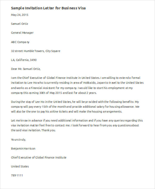 sample business invitation letter for visa