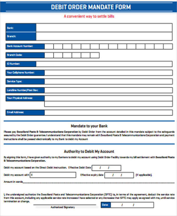 word form debit order 12  in Word, Examples Debit PDF Sample Form   Order