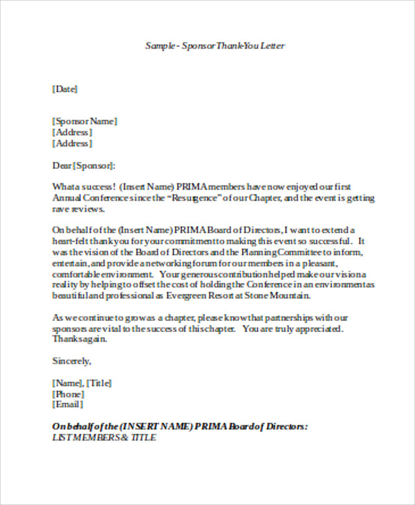 FREE 6  Sample Sponsorship Thank You Letter Templates in MS Word PDF