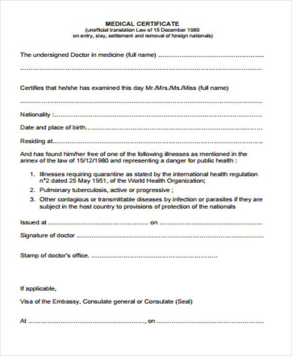 sample form of medical certificate