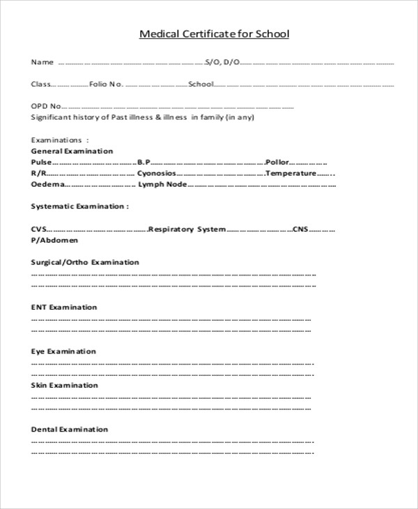 sample medical certificate for school admission