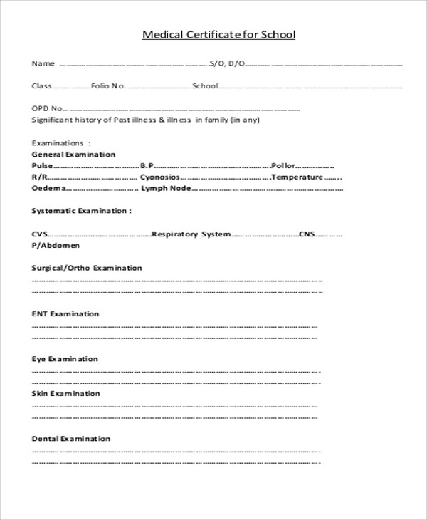 Medical Certificate Format For School