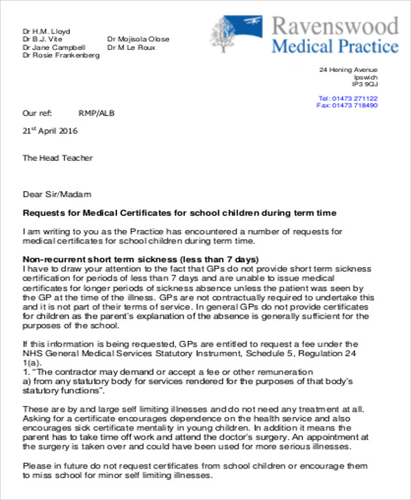 medical certificate letter for school
