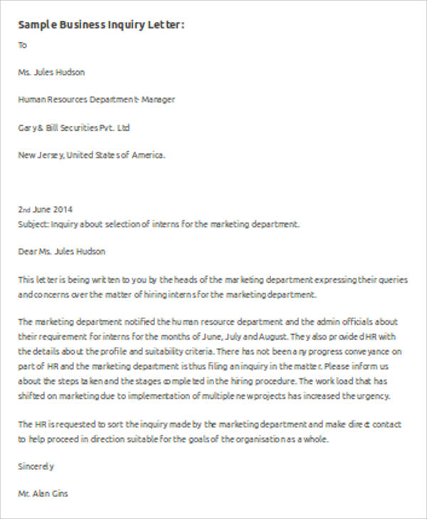 business inquiry letter template in word format