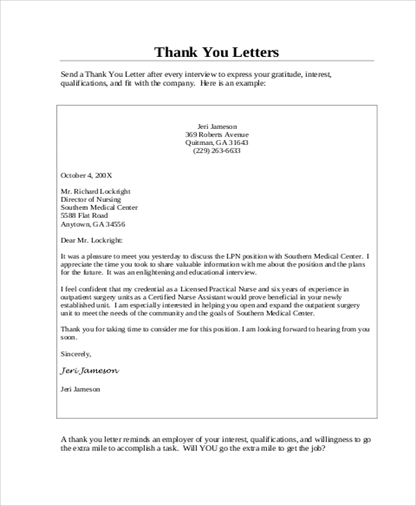 Thank You Letter After Nursing Job Interview Sample