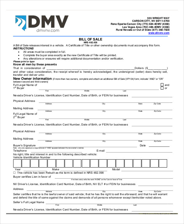 new vehicle bill of sale receipt