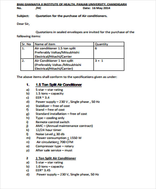 air conditioner purchase order quotation pdf
