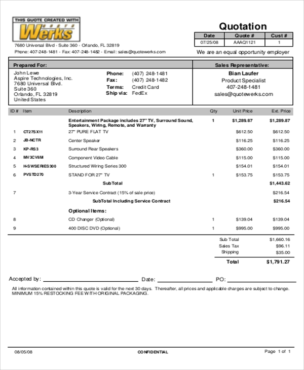 price quotation example