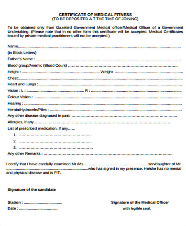 Format Of Medical Fitness Certificate Pdf Free Printable Download