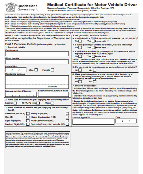 medical certificate form for motor vehicle driver
