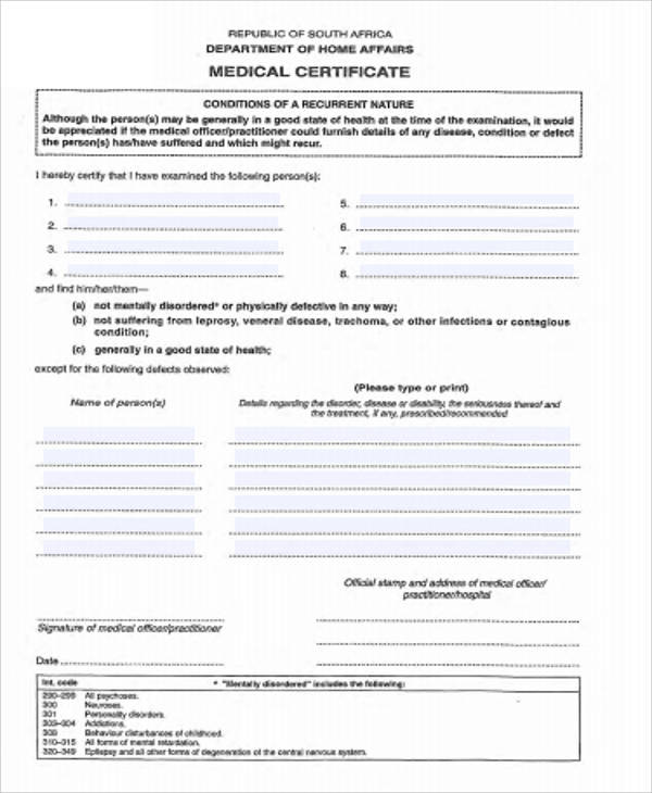 medical certificate form example