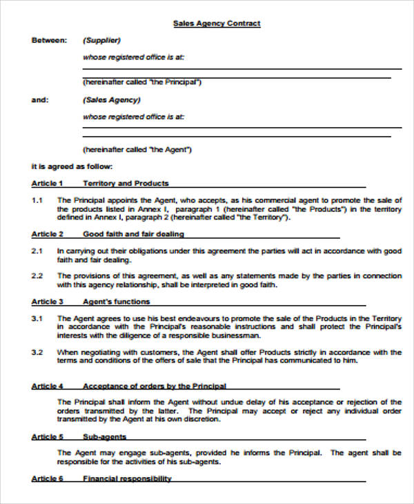 sample sales agent contract agreement