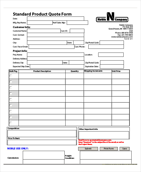 standard product quotation form