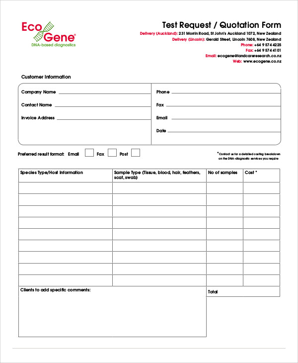 sample standard quotation request form