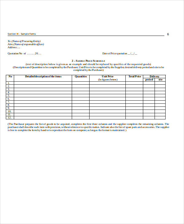 standard price quotation form example