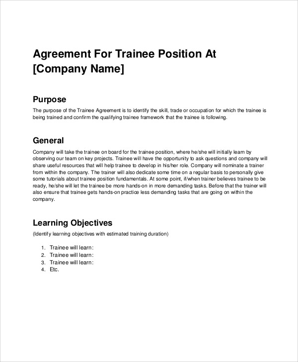 company trainee training agreement contract