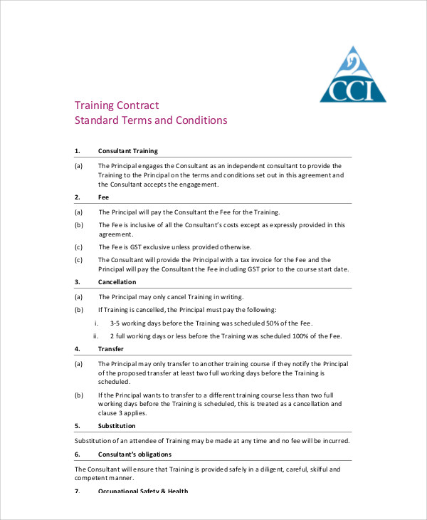 standard training agreement contract