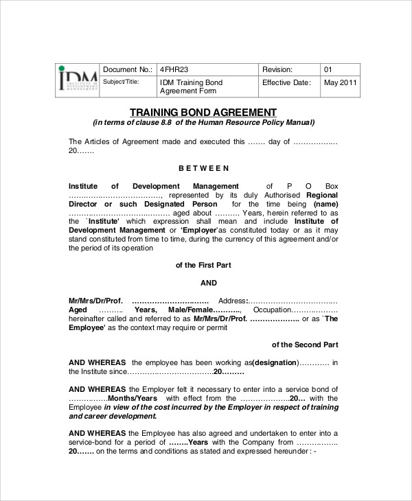 sample training bond agreement contract
