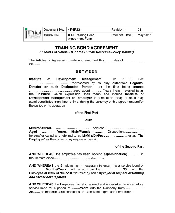 Bonding Agreement Template   Sample Training Bond Agreement Contract 