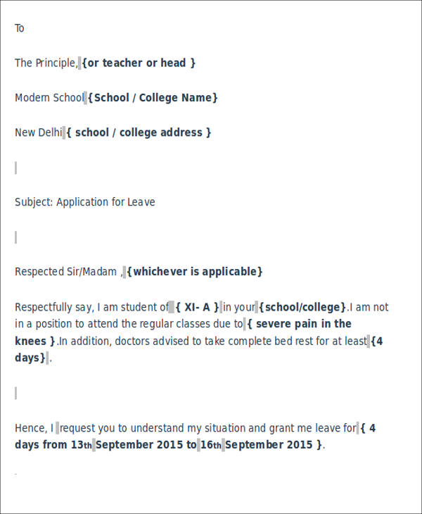sample formal letter sick leave for school
