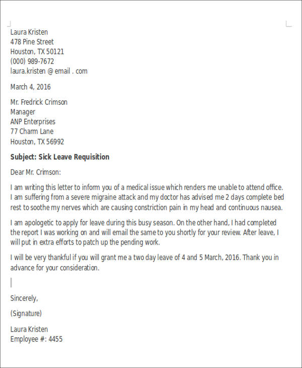 sample of sick leave application letter