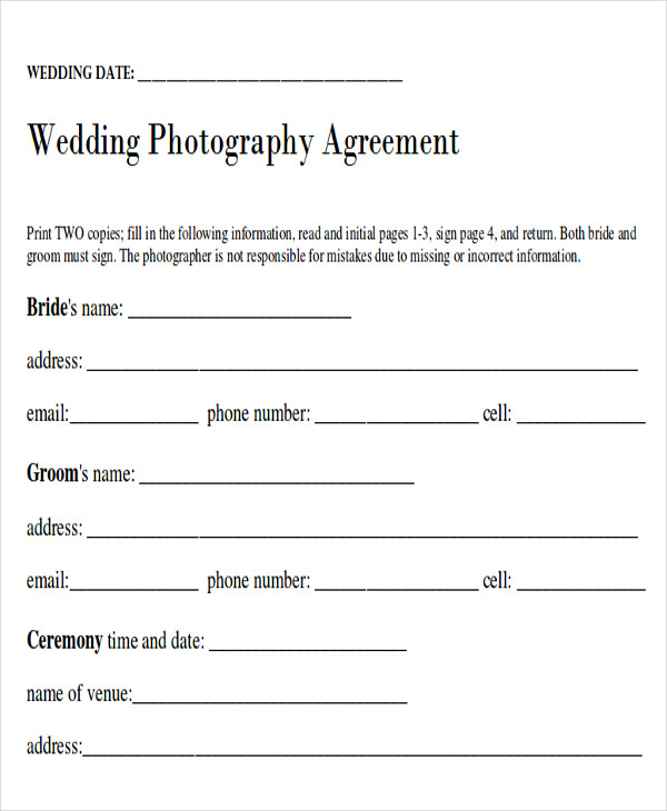 wedding photographer contract agreement