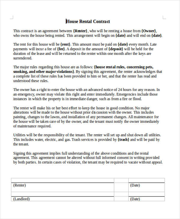 house rental contract agreement free