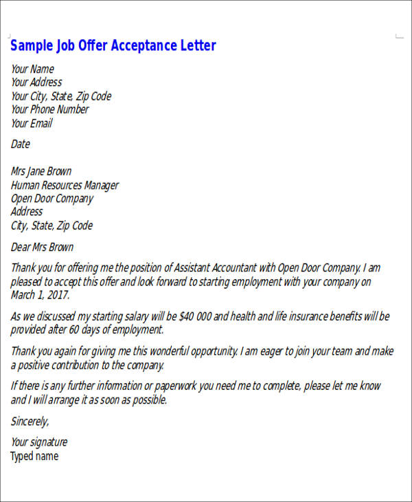 formal job offer acceptance letter sample