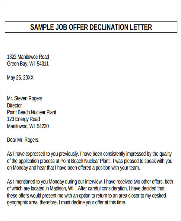 formal job offer decline letter pdf
