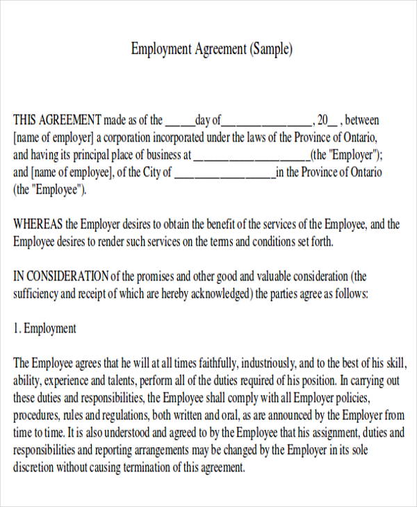 sample job work agreement contract