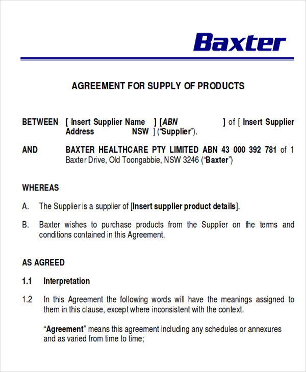 Supply of Goods Agreement Contract