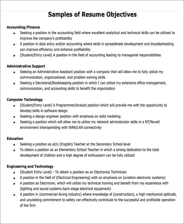 resume objective examples in general