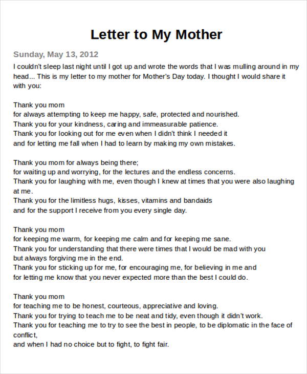 FREE 5+ Sample ThankYou Letter to Mom in MS Word PDF