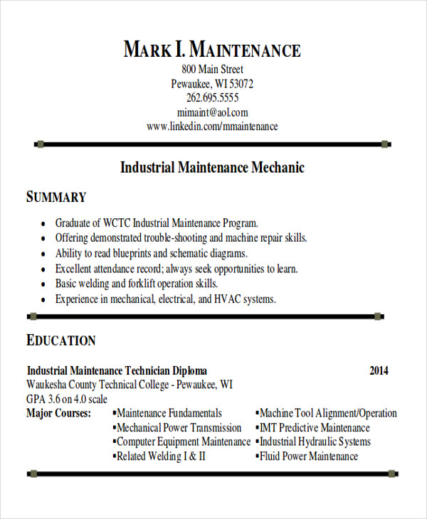 industrial maintenance technician resume