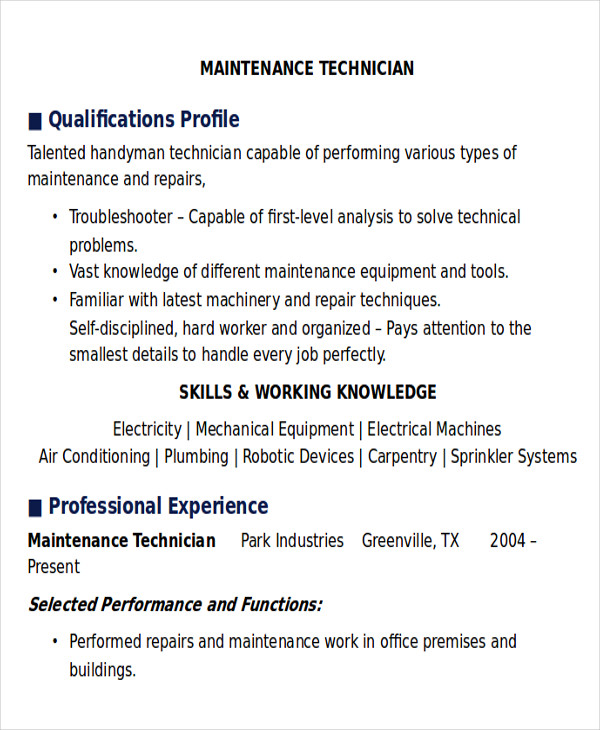 resume for maintenance technician