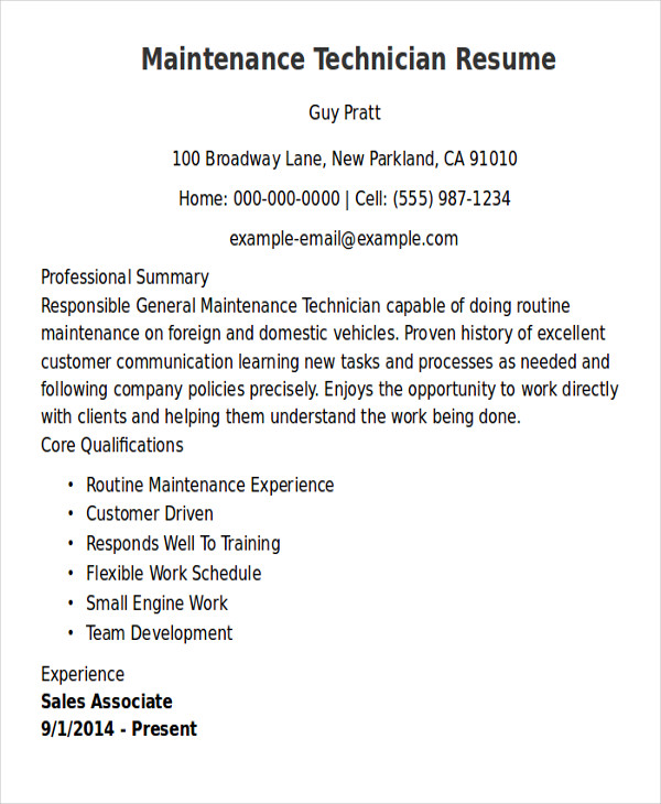 FREE 9  Sample Maintenance Technician Resume Templates in MS Word PDF