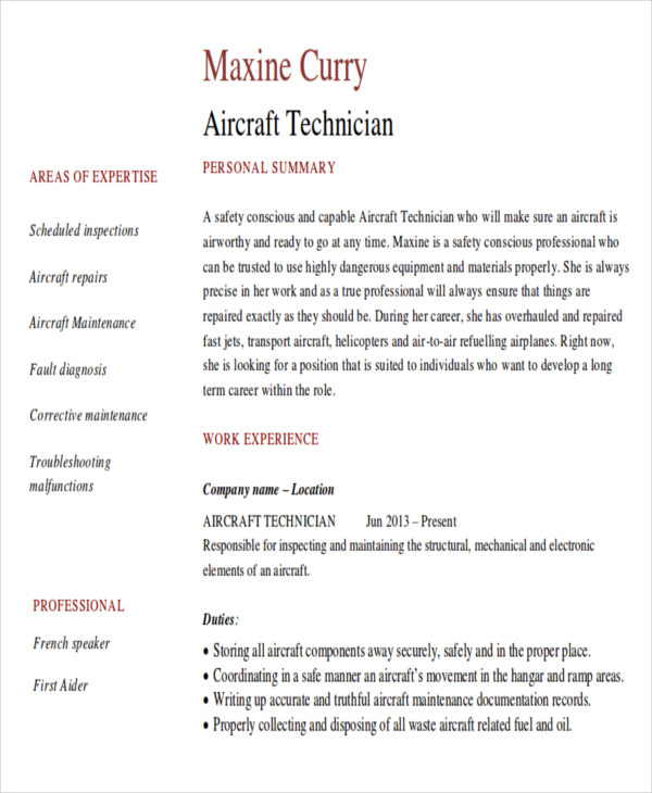 aircraft maintenance technician resume